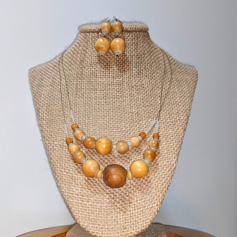 Wooden Bead Invisible Necklace with Earrings Set